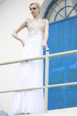 White Cut Out V-Neck Floor Length Chiffon Womens Prom Dress