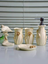 Ivory Floral Lotus Resin 5-Piece Bathroom Accessory Set