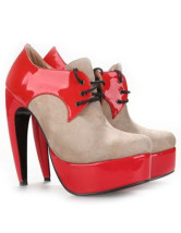 Color Block Lace-Up Sheepskin Womens Chunky Heel Booties