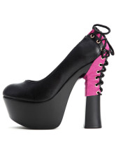 Fashion Black PU Leather Back Lace Up Chunky Heel Pumps For Women