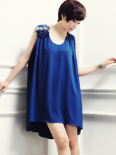 Soie comme tissu Royal bleu sans manches perles rondes robe des femmes col