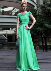 Green Floor Length Draped Chiffon Evening Dress