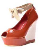 Sweet Orange Peep Toe Ankle Strap Patent Leather Womens Wedge Shoes