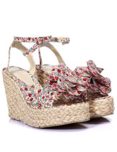 Red Open Toe Bohemian Flower Floral Canvas Womens Wedge Espadrilles