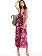 Scollo a v floreale cotone Blend Womens Maxi abito senza maniche