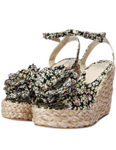 開いてつま先ボヘミアン花花キャンバス レディース ウェッジ Espadrilles ブラックします。