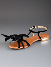 Black Casual Open Toe Fower Buckle Sheepskin Womens Beach Sandals