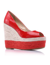 Red Peep Toe Wedge Heel Sheepskin Womens Espadrilles