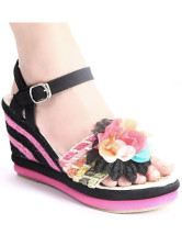 Black Flower Decoration Cane Ankle Strap Women's Espadrilles