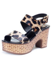Brown Casual Leopard Print Open Toe Chunky Heel Cowhide Womens Clogs