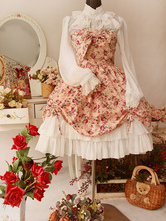Классические розовый Ruched длинные рукава хлопка Лолита платье