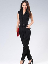 Straight Belted Sleeveless Lace Cotton Womens Jumpsuit