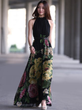 Black Pleated Sleeveless Floral Chiffon Womens Maxi Dress
