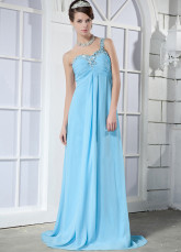 Blue Elastic Woven Satin One Shoulder Beading Evening Dress