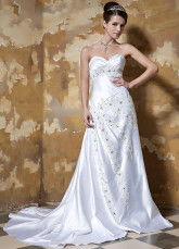 White Strapless Sweetheart Beading Satin A-line Wedding Dress