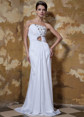 White Beading Cut Out Chiffon Elastic Woven Satin Evening Dress