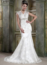Fantastic Ivory Lace Applique Satin Mermaid Trumpet Wedding Dress
