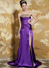 Grape Purple Strapless Side Splitting Elastic Woven Satin Evening Dress