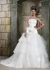 Ivory Beading Strapless Flower Satin Net Ball Gown Wedding Dress