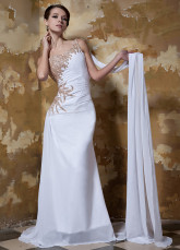 Unique White One-Shoulder Beading Chiffon Satin Evening Dress