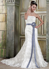 Floral Ivory Satin Lace Strapless Mermaid Trumpet Bride's Dress