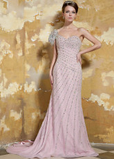 Pink Elastic Woven Satin Chiffon One Shoulder Evening Dress