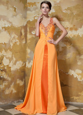 Orange Elastic Woven Satin Chiffon V-neck Evening Dress