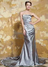 Silver Strapless Beading Elastic Woven Satin Evening Dress