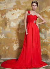 Red Elastic Woven Satin Chiffon One Shoulder Evening Dress