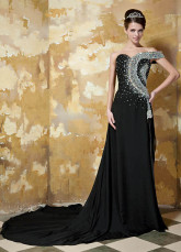 Elegant Black Elastic Woven Satin Beading One Shoulder Evening Dress