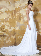 Gorgeous White Spaghetti Chiffon Elastic Woven Satin Evening Dress