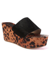 Black Leopard Print Wedge Heel Open Toe Nubuck Women's Slides