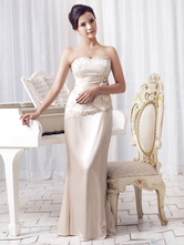 Sheath Strapless Floor-Length Ivory Elastic Woven Satin Applique Evening Dress 