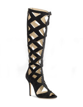 Cool Black Peep Toe Cut Out Sheepskin Suede Women's Gladiator Sandals