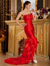 Mermaid Strapless Sweep Red Tulle Beading Evening Dress 