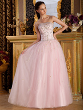 Princess Silhouette Strapless Pearl Pink Net Satin Embroidered Prom Dress 