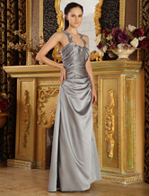 A-line Jewel Neck Floor-Length Silver Satin Beading Evening Dress 