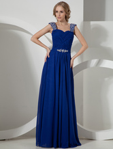 A-line Straps Neck Floor-Length Royal Blue Chiffon Rhinestone Evening Dress 