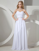 A-line Strapless Floor-Length White Chiffon Pleated Beading Evening Dress 