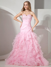 Princess Silhouette Sweep Pink Organza Ruffles Tiered Prom Dress 