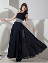 A-line One-Shoulder Floor-Length Dark Navy Chiffon Flower Rhinestone Prom Dress 