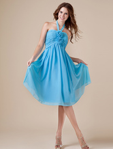 A-line Halter Knee-Length Blue Chiffon Elastic Woven Satin Pleated Bridesmaid Dress 