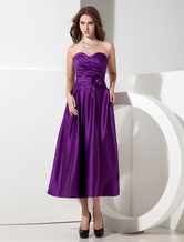 A-line Strapless Tea-Length Grape Satin Dress For Bridesmaid 