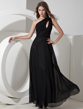 A-line One-Shoulder Floor-Length Black Chiffon Dress For Bridesmaid 