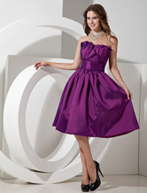 A-line Strapless Knee-Length Lilac Taffeta Pleated Bridesmaid Dress 