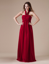 A-line Halter Floor-Length Burgundy Elastic Woven Satin Evening Dress 