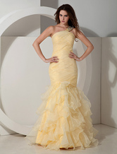 One-Shoulder Floor-Length Yellow Organza Evening Dress 