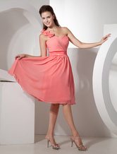 A-line One-Shoulder Knee-Length Chiffon Flower Bridesmaid Dress 