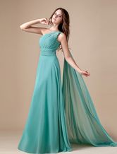 Empire Waist One-Shoulder Floor-Length Hunter Green Chiffon Applique Prom Dress 