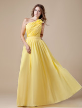 A-line One-Shoulder Daffodil Chiffon Cascading Ruffle Dress For Bridesmaid 